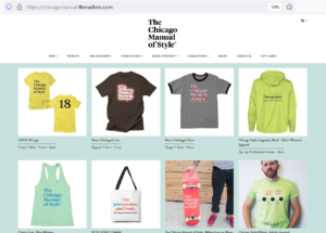 The CMOS merch store, showing CMOS-themed shirts, bags, skateboards, and more